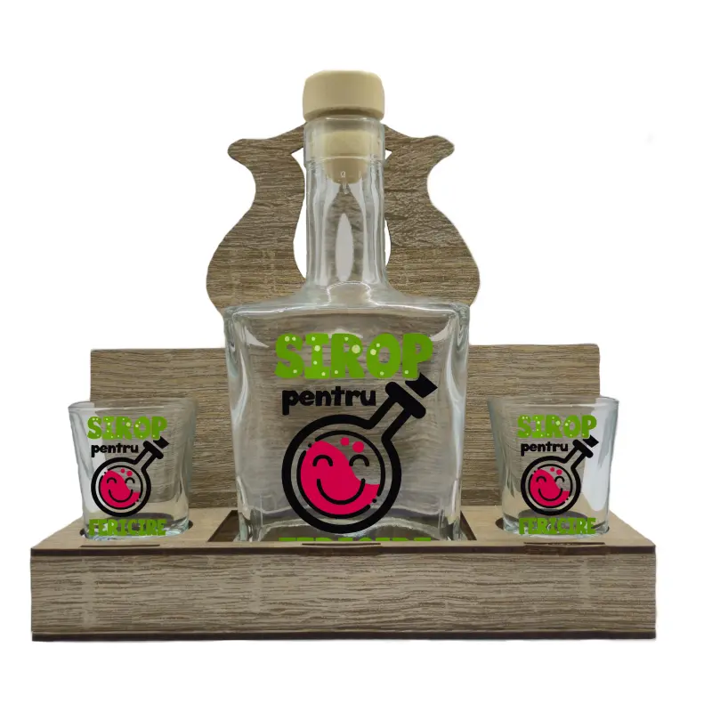 Sirop pentru fericire, suport din lemn cu sticla si 2 pahare, model hgs116